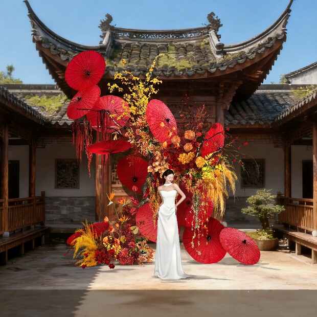 28红色新中式户外小众庭院订婚宴红色伞橙黄红色婚礼花艺素材PSD