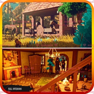 UE5虚幻5卡通风格化幻想小镇木屋瓦片房屋桥梁树木岩石场景3D模型