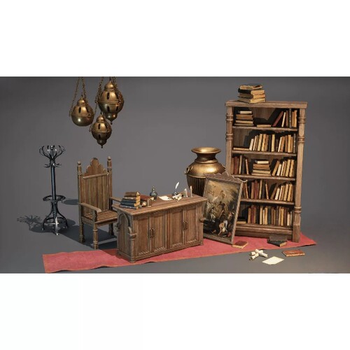 UE5.1中世纪维多利亚书架桌椅子长凳Medieval Furniture Props