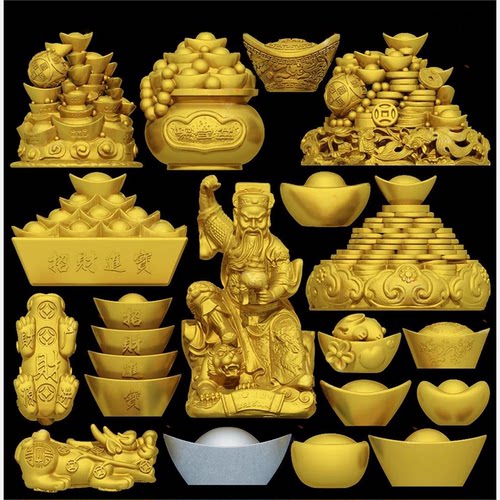 元宝金银财神赵公明聚宝盆圆雕图STL文件3D打印模型图纸合集