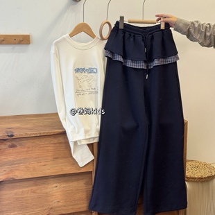 子潮 假两件女运动裤 卷妈童品26春秋中大童裙摆休闲裤 针织屁帘卫裤