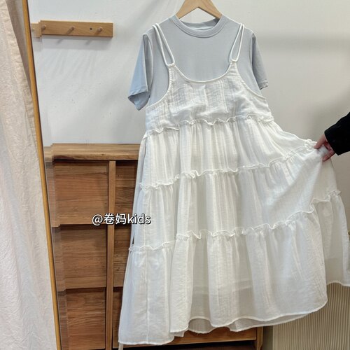 卷妈童品26夏季女童连衣裙女孩甜美韩系裙青少年假两件T恤吊带裙t