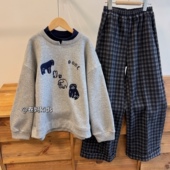 卷妈童品26冬季 韩版 中大童卫衣奥利一体加绒假两件休闲卡通上衣潮