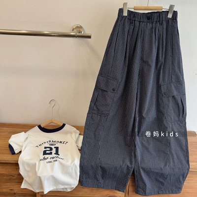 26夏季女大童格子工装裤松紧腰宽松拖地休闲裤ins潮百搭