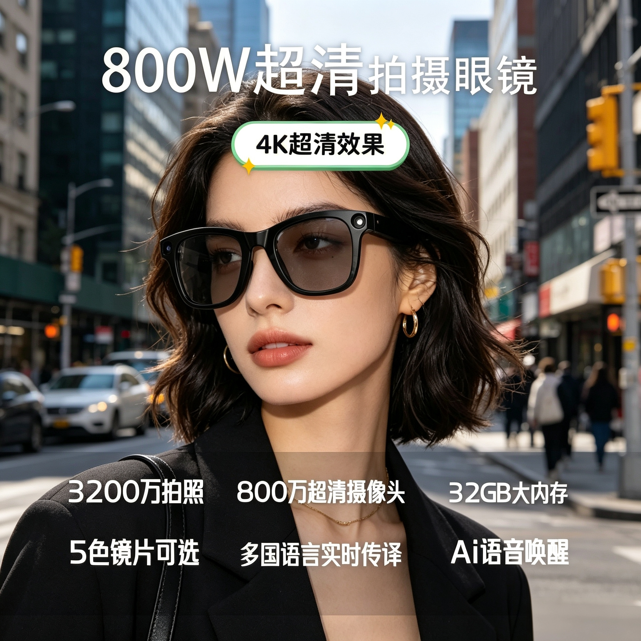 Ai智能眼镜800万超清摄相头3200万高清拍照通话听歌实时翻译眼镜