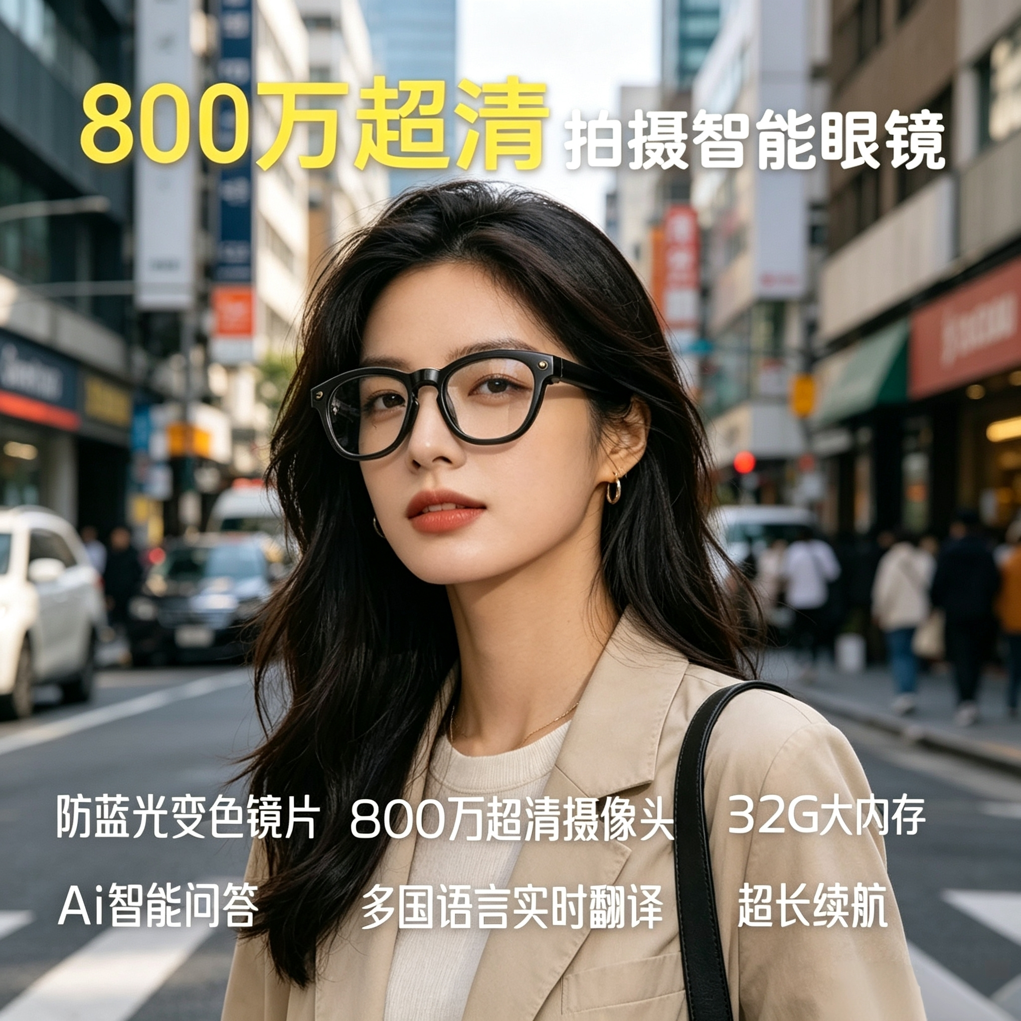 4K超清智能眼镜蓝牙眼镜实时翻译拍照识物可换近视镜片Ai录相眼镜