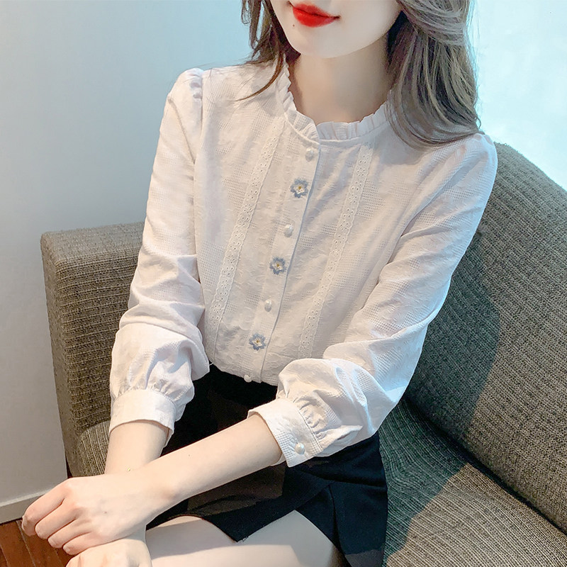 蓝风铃花白衬衫女长袖木耳边领文衬衫