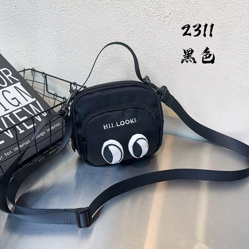 时尚小包包尼龙粗纹斜挎包百搭可爱小眼睛女包手拎宽带休闲单肩包