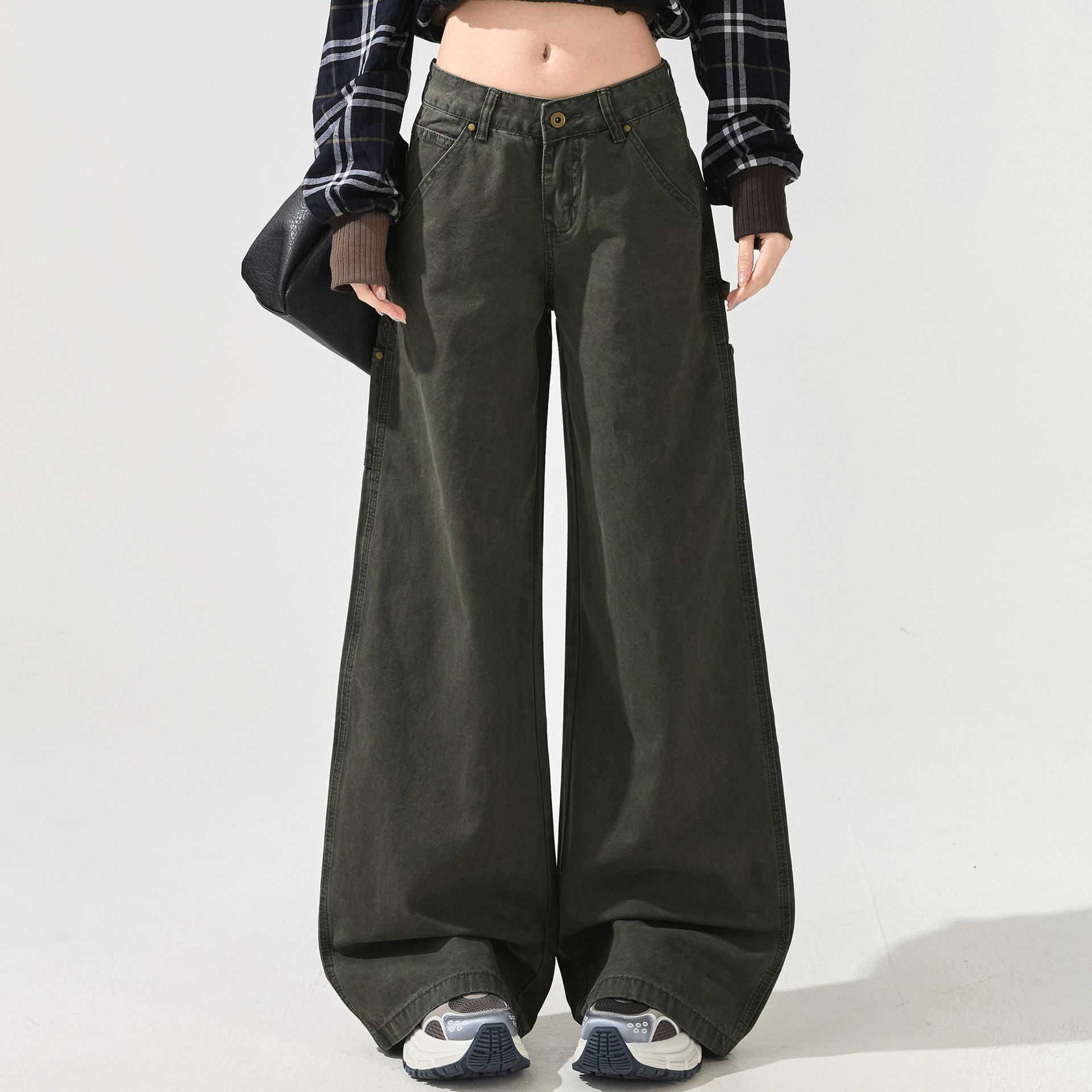 卡其色阔腿牛仔裤女春秋新款美式辣妹低腰宽松垂感拖地工装长裤子