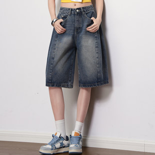 高腰宽松阔腿休闲百搭中裤 女春夏新款 子 做旧五分牛仔裤 复古蓝美式