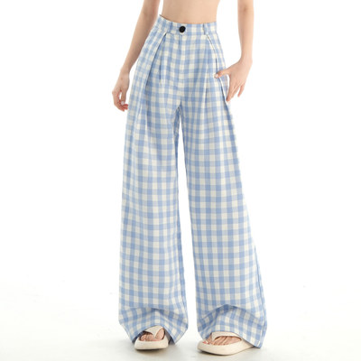 蓝白色高腰格子休闲阔腿拖地长裤