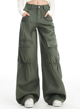 军绿色多口袋工装牛仔裤女秋季新款美式高级感高腰抽褶阔腿弯刀裤