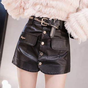 pu皮裤 高腰皮裙裤 修身 排扣阔腿a字半身裙显瘦靴裤 裙 女秋冬皮短裤