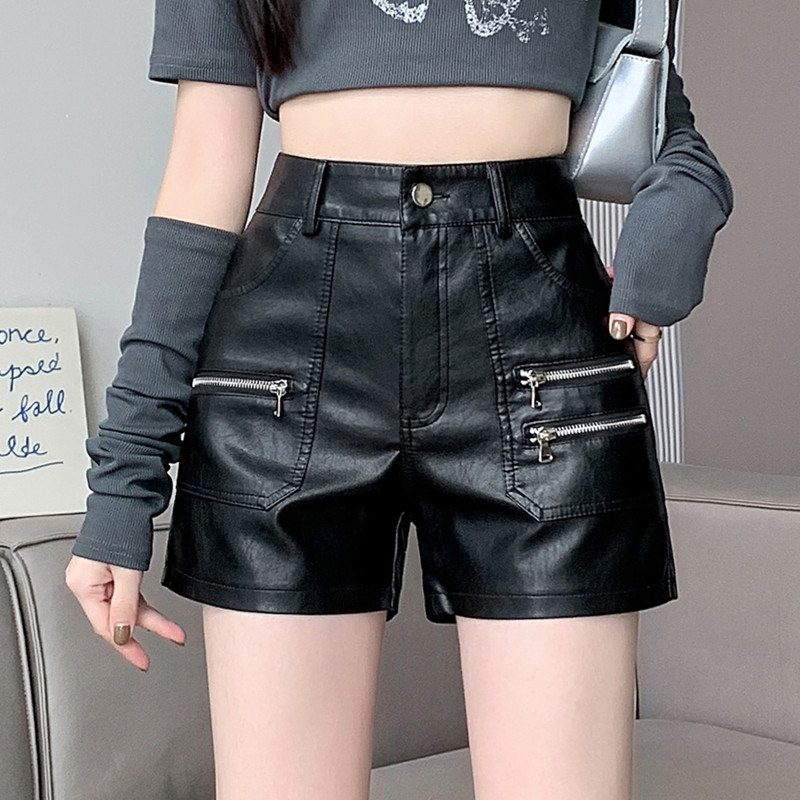 PU皮短裤女2025新款秋冬韩版修身显瘦拉链紧身包臀女裤直筒靴裤潮