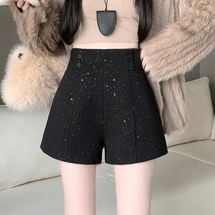 亮片毛呢短裤女秋冬2024新款小个子高腰显瘦阔腿裤外穿休闲靴裤