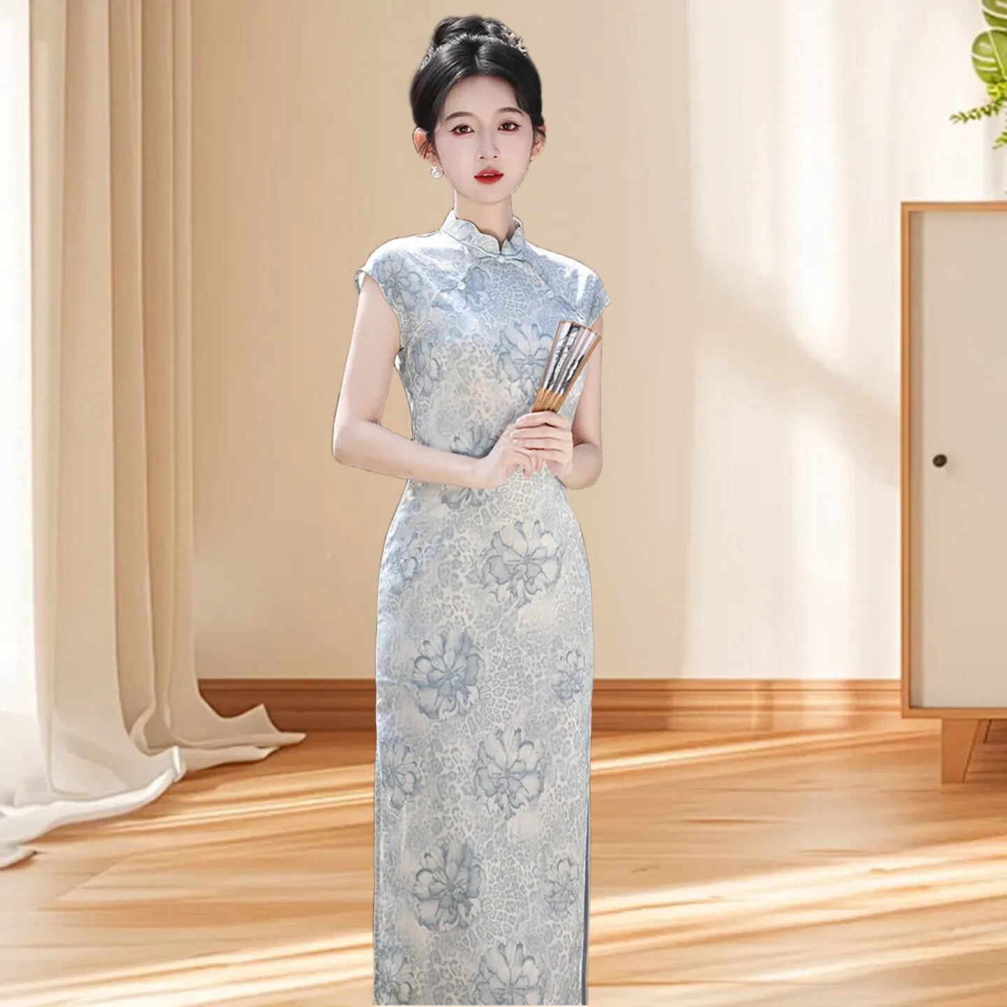 无袖立领长款仿青花苏州旗袍裙女