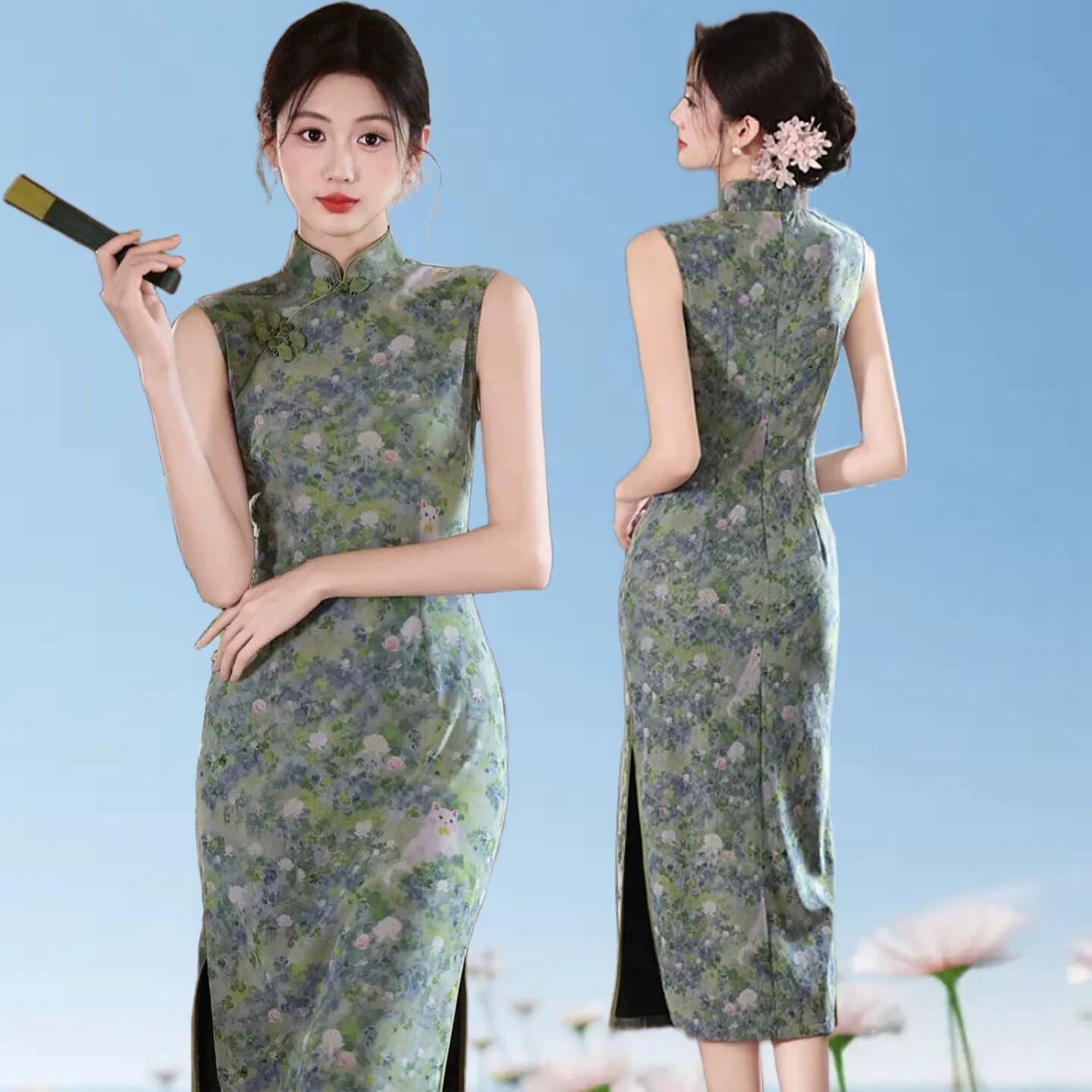 碎花清新优雅网纱长款苏州旗袍女