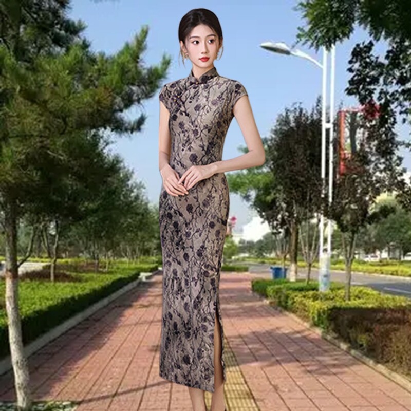 植绒苏州旗袍改良晚会装主持礼服
