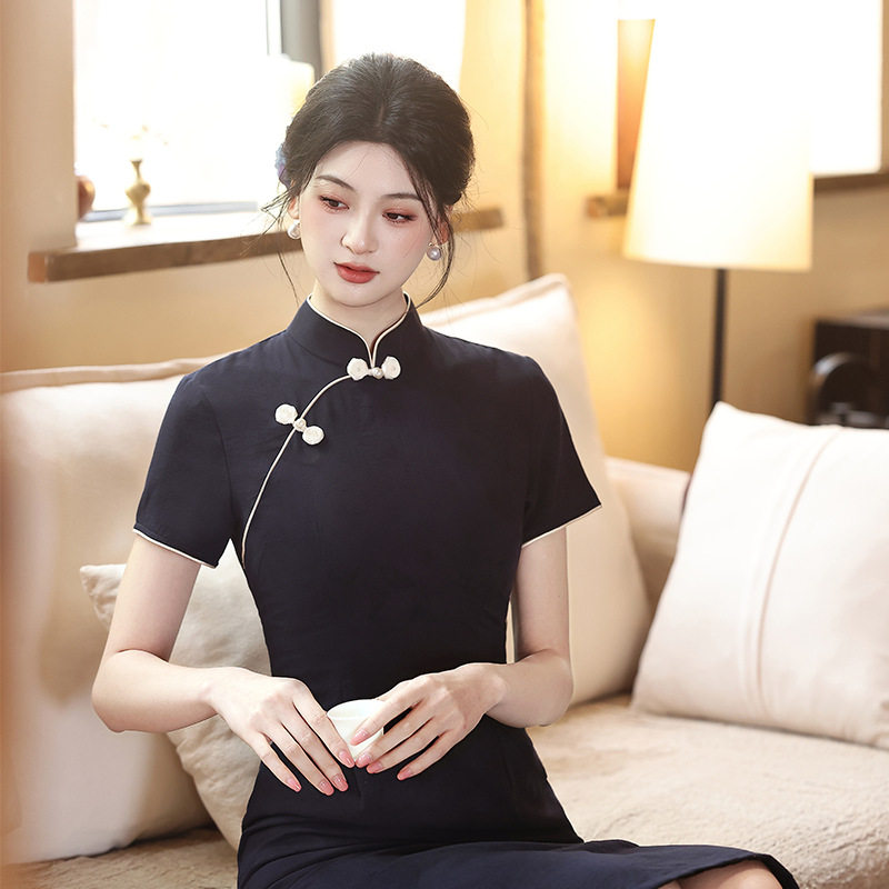 改良盘扣女短袖修身显瘦丝麻旗袍