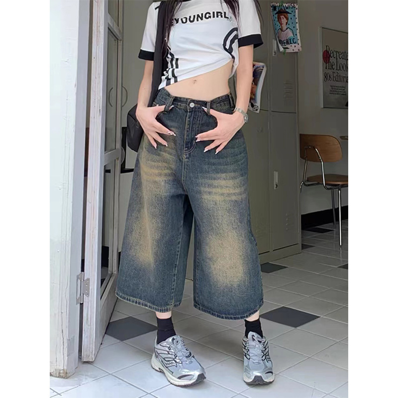 大码七分牛仔短裤女春季胖mm复古美式宽松显瘦高腰直筒阔腿中