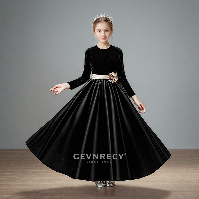 GEVNRECY女童长袖黑色丝绒礼服