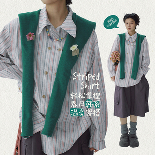 STILLYOU春意盎然浅彩细条纹长袖 宽松清新休闲双排扣棉麻衬衣 衬衫