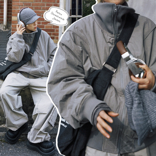 STILLYOU复古街头帅气针织高领防风飞行夹克棉服短款 宽松绗棉外套