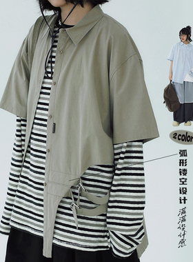 STILLYOU设计感不对称镂空下摆扣袢装饰短袖衬衫女宽松垂感中性新