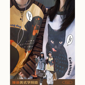 撞色圆领长袖 STILLYOU原创美式 趣味猫狗印花条纹插肩袖 T恤春秋韩