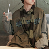 STILLYOU美式 春 T恤宽松印花内搭打底衫 复古撞色拼条纹袖 圆领长袖