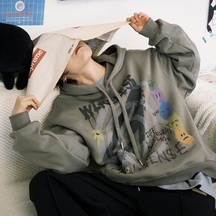 STILLYOU原创街头涂鸦印花连帽加绒卫衣女宽松休闲帅气套头帽衫 冬