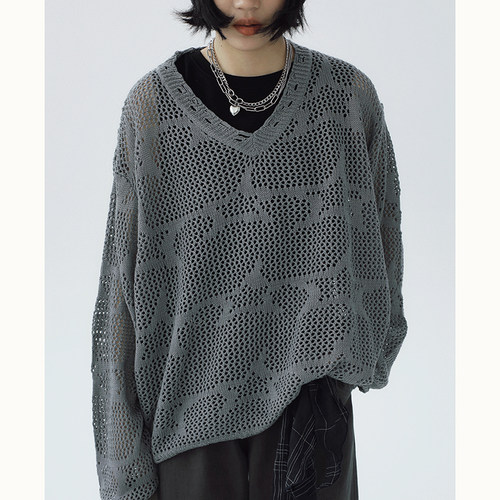 STILLYOU复古V领星星镂空针织衫