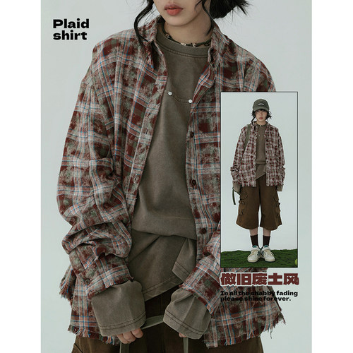 复古做旧长袖泼墨酒红格子衬衫