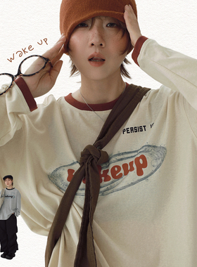 STILLYOU原创复古字母撞色领口圆领长袖T恤宽松百搭打底t-shirt秋