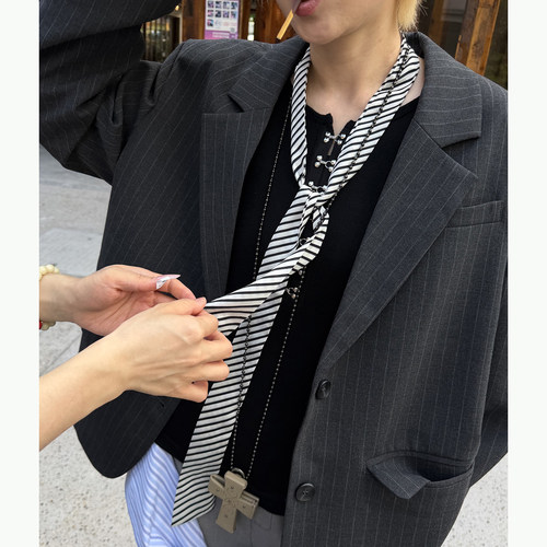 STILLYOU简约松弛灰色条纹廓形西装外套女小众宽松高级感休闲西服