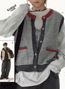 STILLYOU个性复古撞色圆领条纹针织衫马甲女宽松个性叠穿开衫马夹