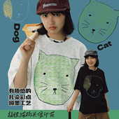 T恤女宽松休闲半袖 STILL YOU趣味搞怪手绘猫狗头印花彩点泼墨短袖