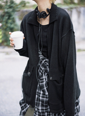 STILLYOU原创复古慵懒翻领毛针织开衫宽松工装大口袋拉链毛衣外套