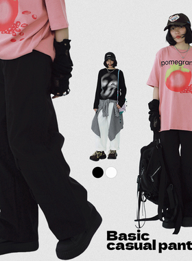 STILLYOU简约基础百搭黑白色工装休闲裤女分割袢带装饰直筒长裤新