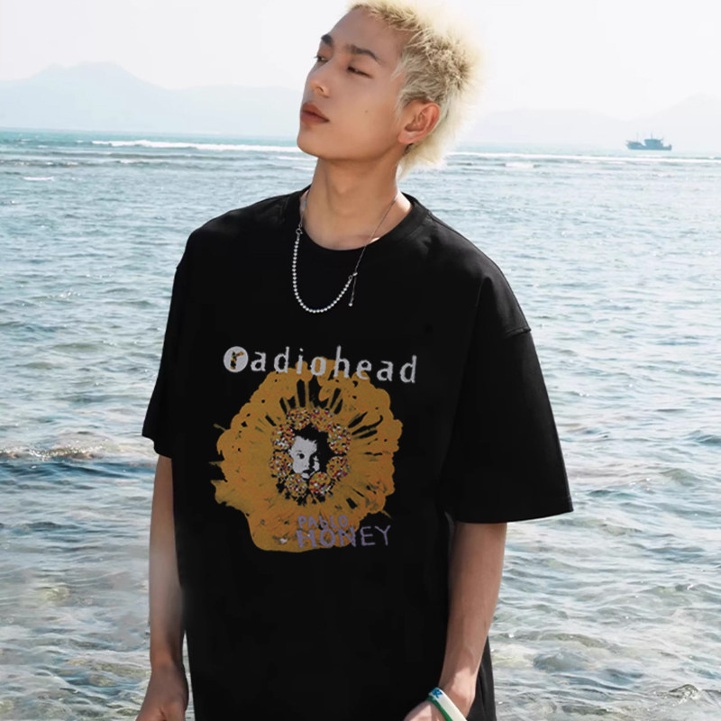 Radiohead电台司令摇滚乐队纯棉印花短袖美式街头嘻哈复古黑色T恤图片