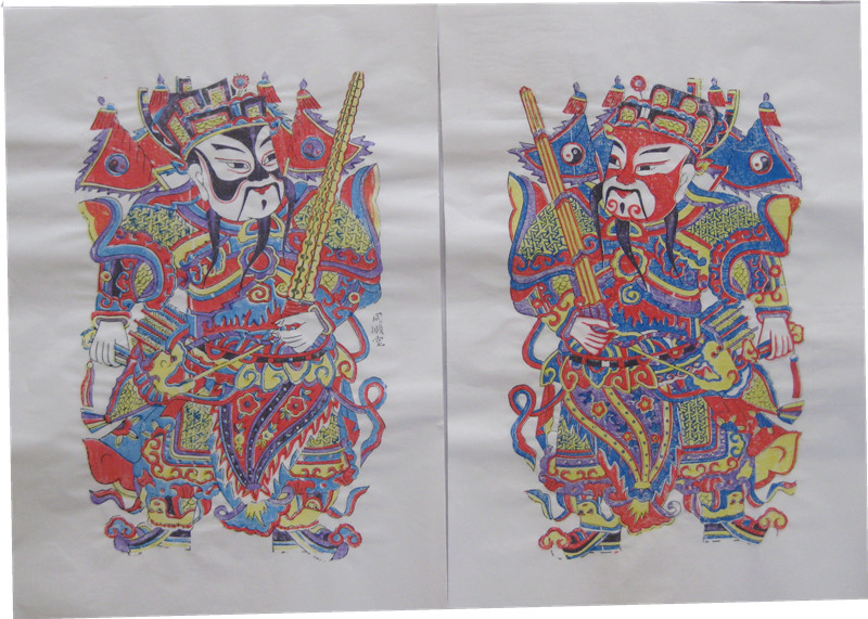 潍坊杨家埠年画清末老版原版印制鞭锏门神带老店号同顺堂非遗产品