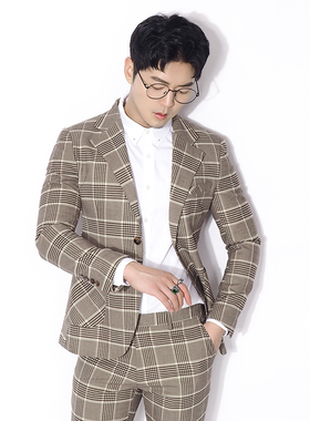 川泽复古格子西装两件套驼黄色英伦风修身时尚单排扣西服套装微弹