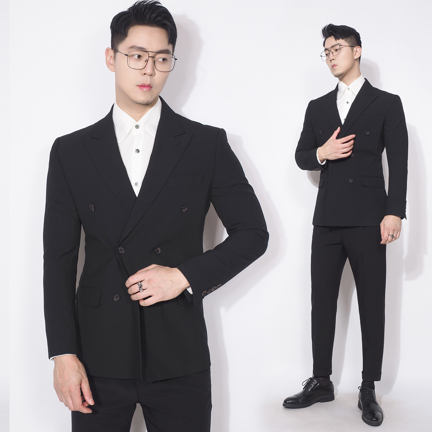 川泽男装双排扣黑色西装外套新款韩版修身西服上衣男士轻商务单西