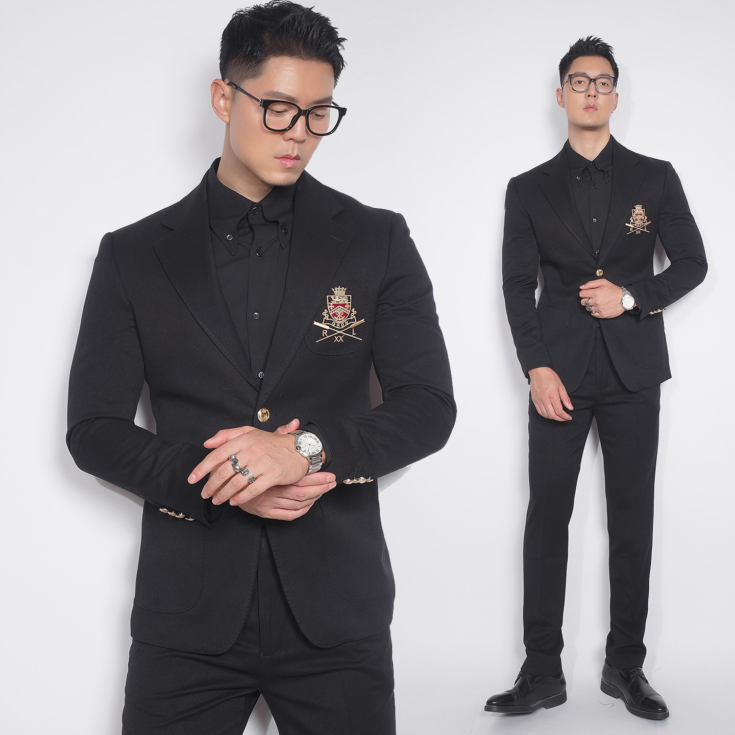 川泽男装黑色刺绣徽章西装修身韩版时尚潮流精致金扣西服单西外套