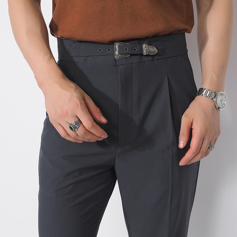 川泽男士卷边十分裤韩版腰围可调节修身小脚裤纯色百搭锥形裤微弹