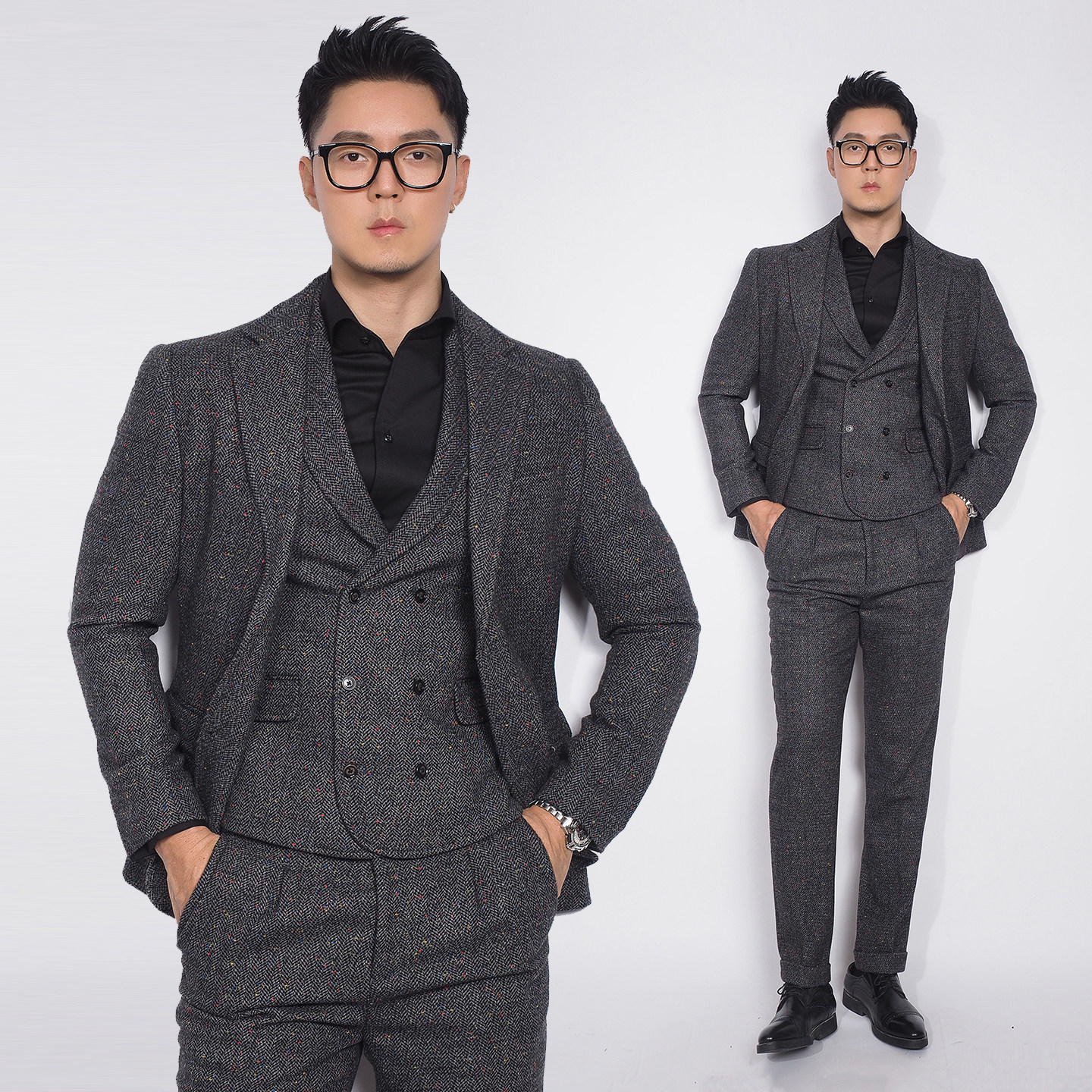 川泽男装厚料秋冬羊毛混纺灰色西装时尚质感修身西服马甲三件套装,男装,西服套装,淘宝优惠券,粉丝福利购,淘宝优惠卷