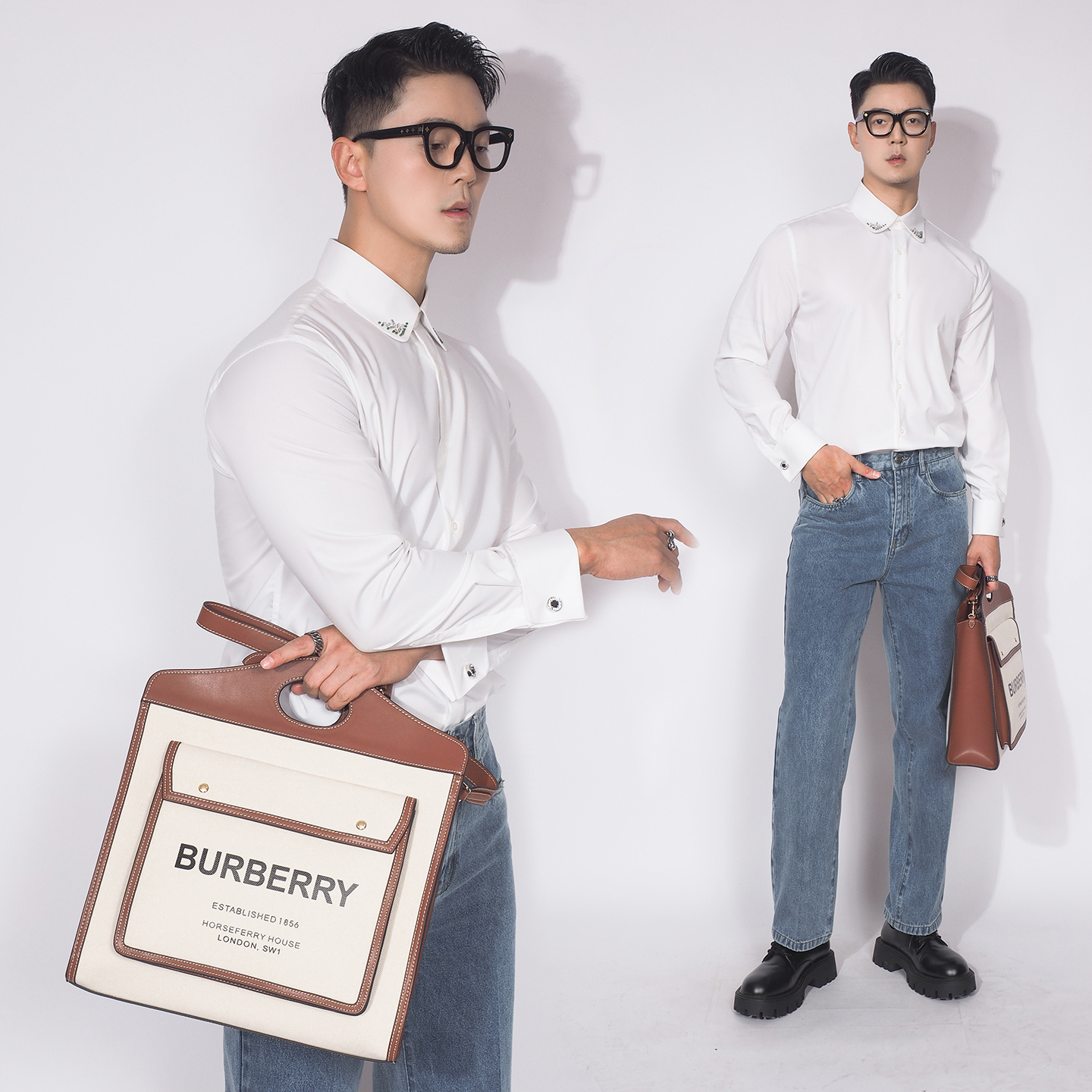 川泽长袖法式袖扣领钻修身衬衫