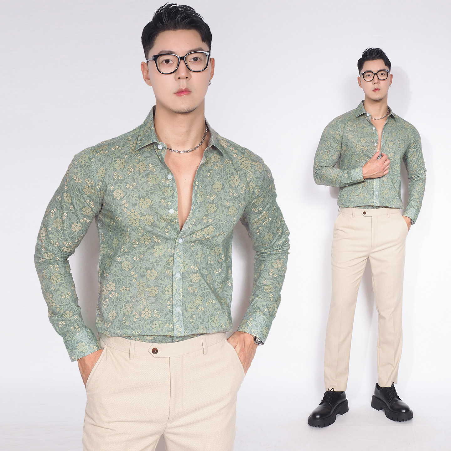 川泽男装印花小清新长袖衬衣休闲薄款上衣韩版修身绿色碎花棉衬衫