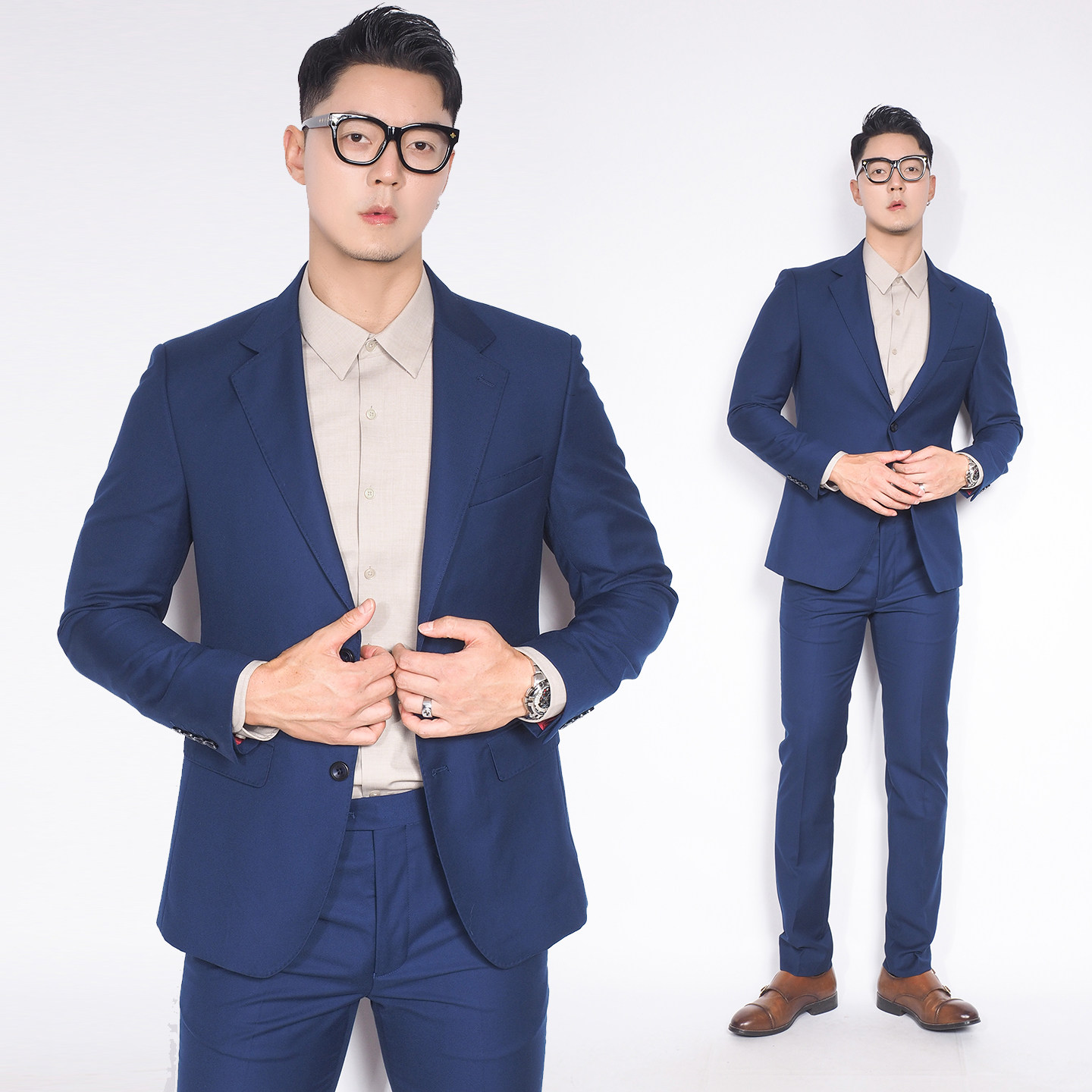 川泽男装商务休闲蓝色西装净版修身韩版单排扣上班平驳领西服套装