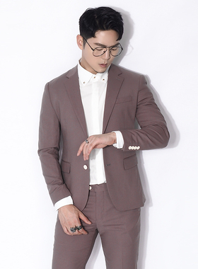 川泽紫色轻商务西装外套男韩版修身职业绅士西服上衣小单西
